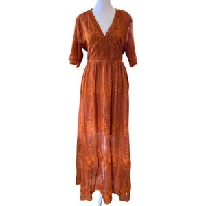 Embroidered V-Neck Maxi Dress in Rust Orange